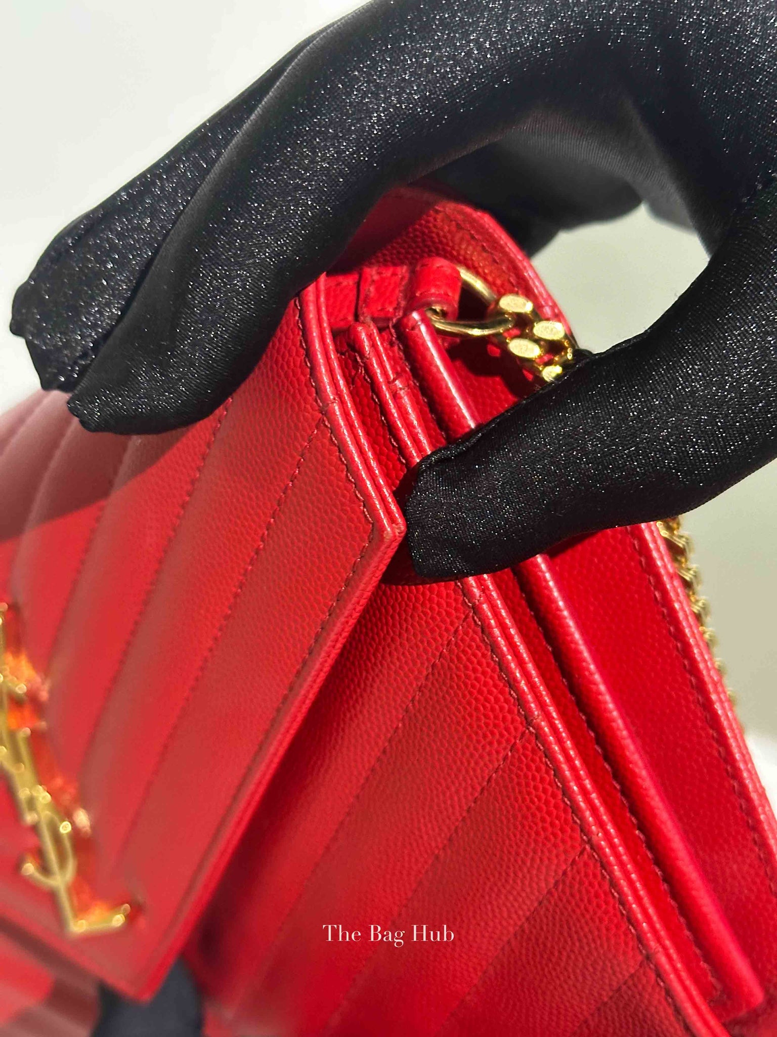 Saint Laurent Red Grain De Poudre Matelasse Chevron Monogram Cassandre Chain Wallet GHW