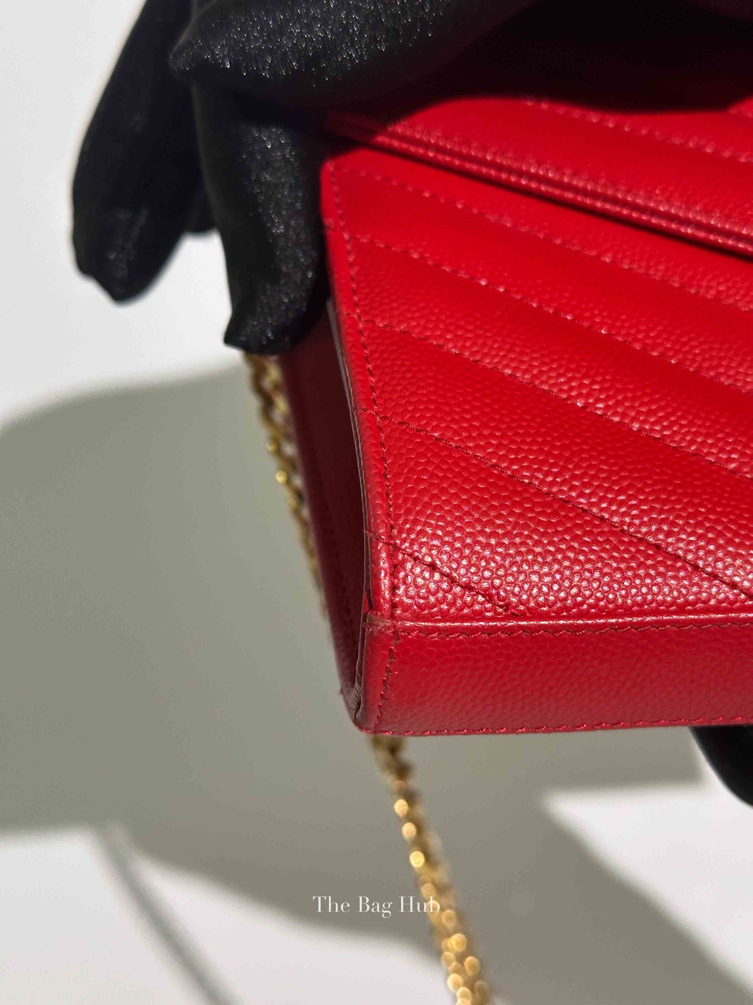 Saint Laurent Red Grain De Poudre Matelasse Chevron Monogram Cassandre Chain Wallet GHW