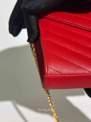 Saint Laurent Red Grain De Poudre Matelasse Chevron Monogram Cassandre Chain Wallet GHW