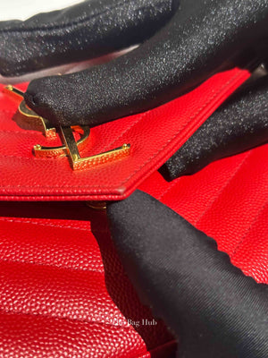Saint Laurent Red Grain De Poudre Matelasse Chevron Monogram Cassandre Chain Wallet GHW