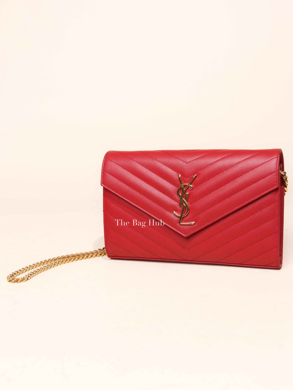 Saint Laurent Red Grain De Poudre Matelasse Chevron Monogram Cassandre Chain Wallet GHW