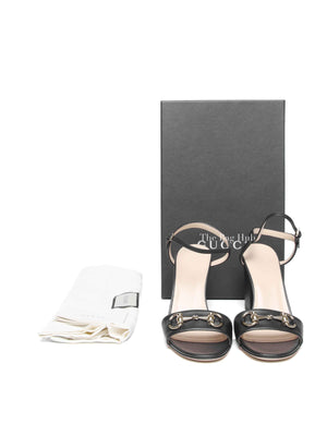 Gucci Black Leather Horsebit Block Heel Sandals Size 38