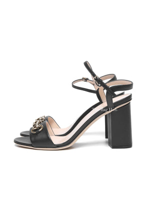 Gucci Black Leather Horsebit Block Heel Sandals Size 38