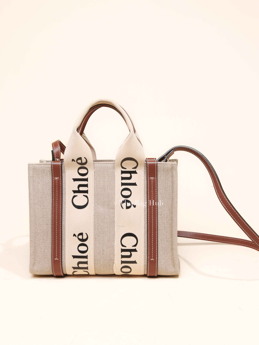 Chloe White/Brown Linen Canvas Small Woody Tote Bag