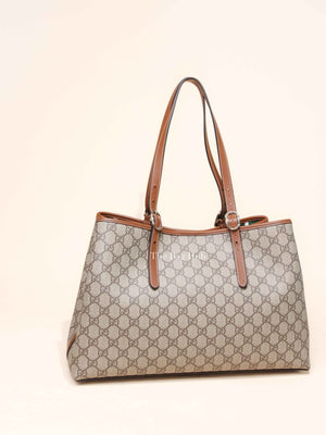 Gucci Beige Dark Brown Canvas GG Supreme Monogram Emblem Large Tote Bag