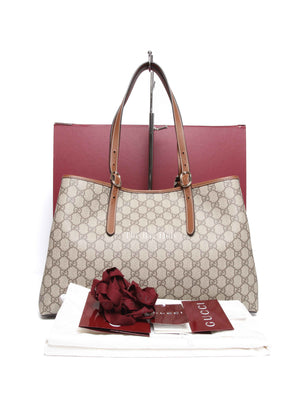 Gucci Beige Dark Brown Canvas GG Supreme Monogram Emblem Large Tote Bag