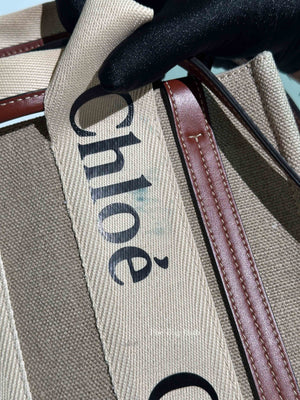 Chloe White/Brown Linen Canvas Small Woody Tote Bag