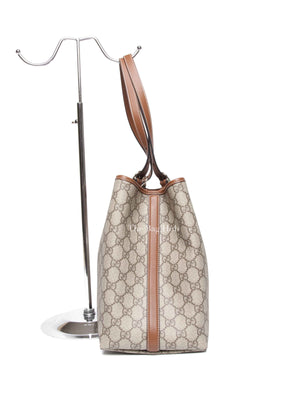 Gucci Beige Dark Brown Canvas GG Supreme Monogram Emblem Large Tote Bag