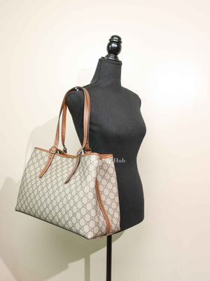 Gucci Beige Dark Brown Canvas GG Supreme Monogram Emblem Large Tote Bag