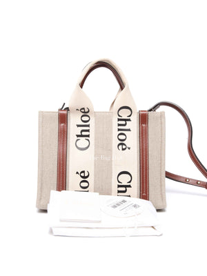Chloe White/Brown Linen Canvas Small Woody Tote Bag