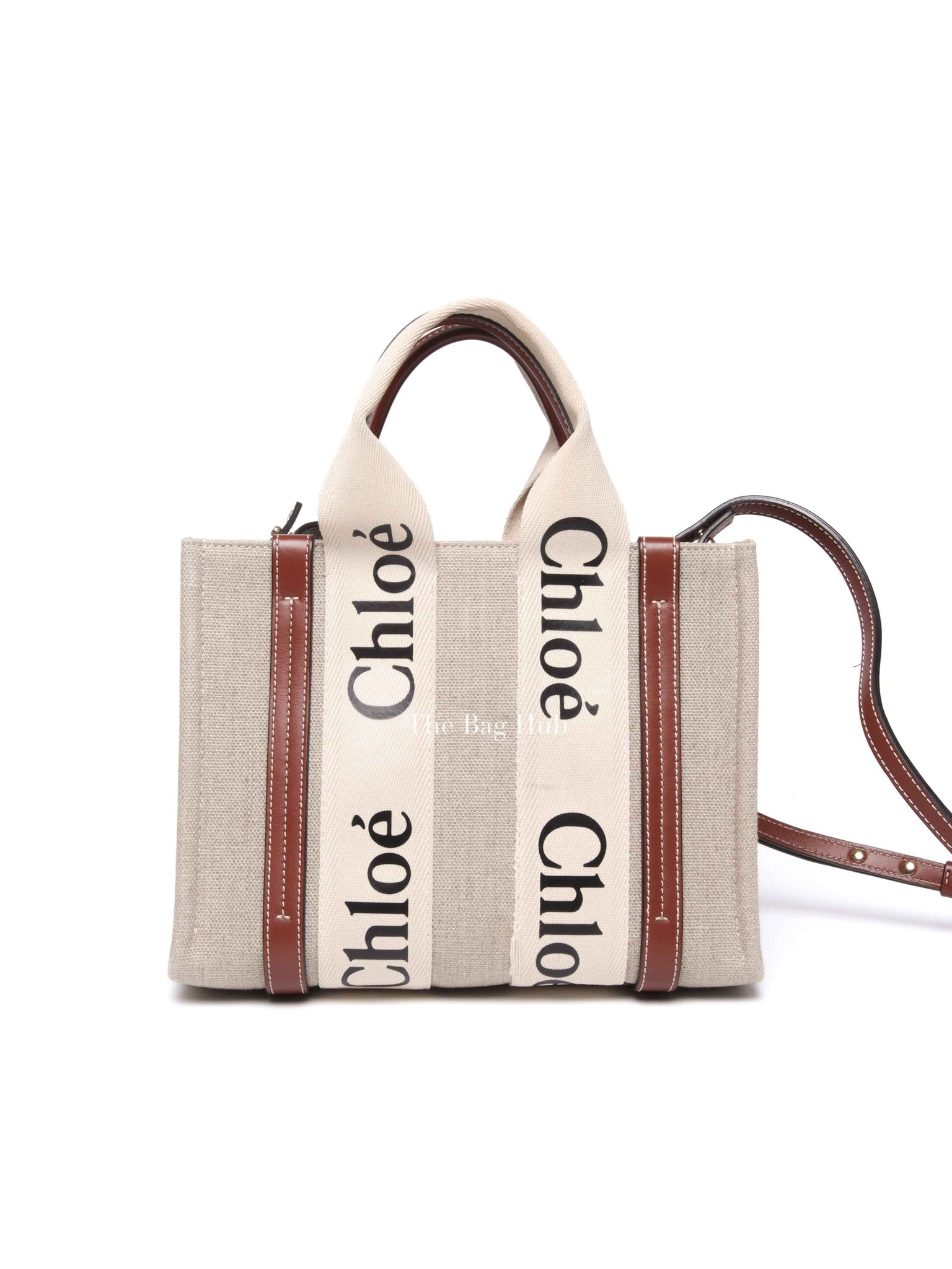Chloe White/Brown Linen Canvas Small Woody Tote Bag