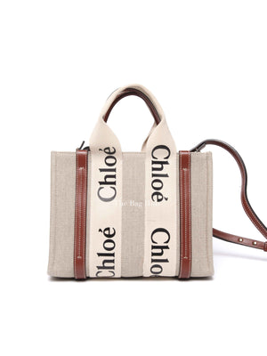 Chloe White/Brown Linen Canvas Small Woody Tote Bag