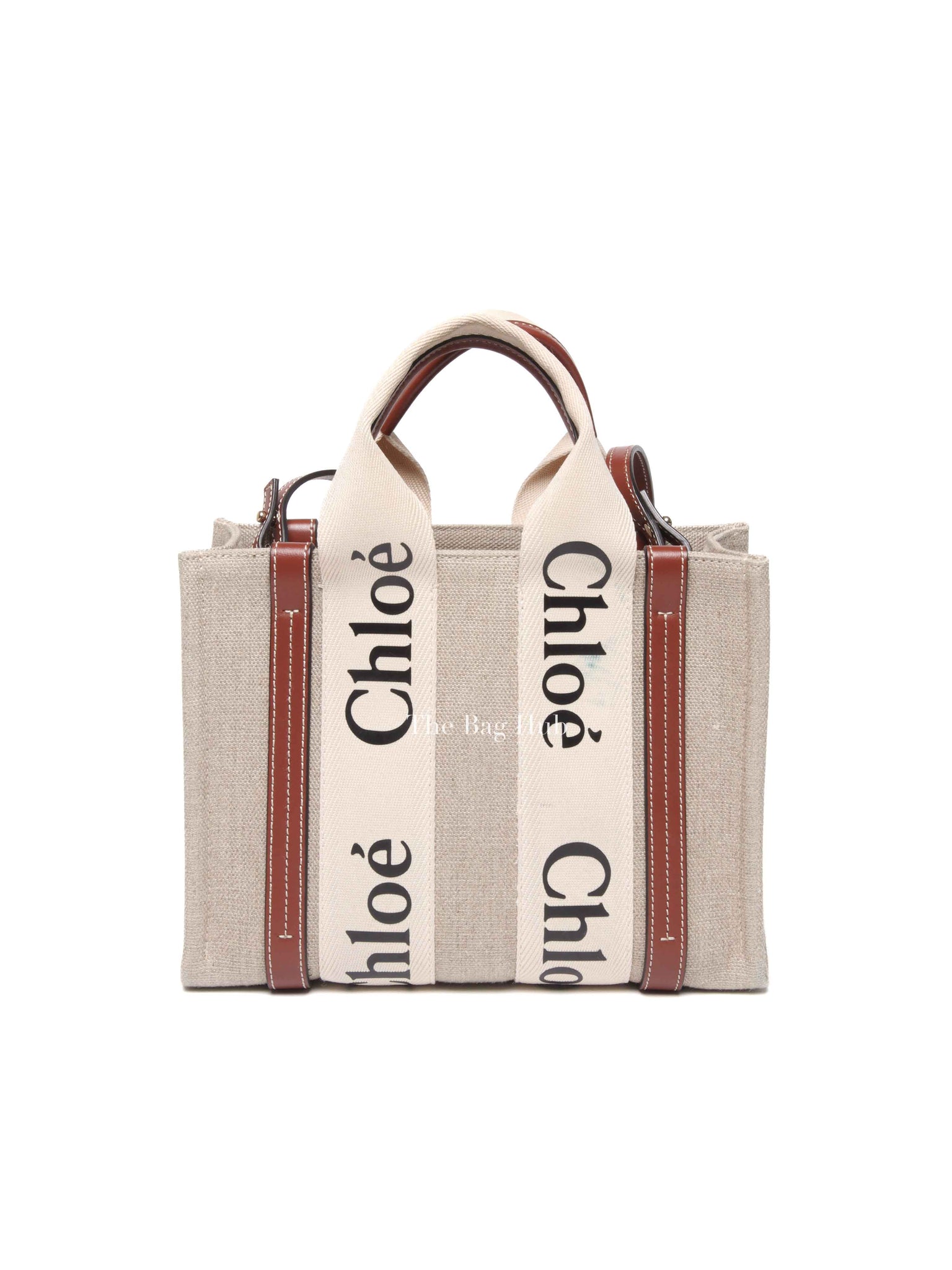 Chloe White/Brown Linen Canvas Small Woody Tote Bag