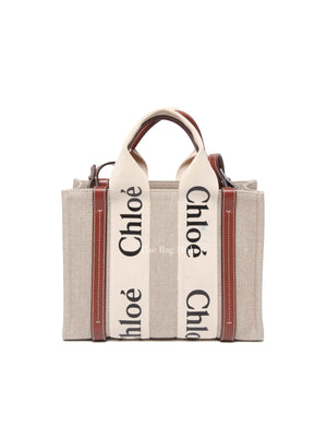 Chloe White/Brown Linen Canvas Small Woody Tote Bag