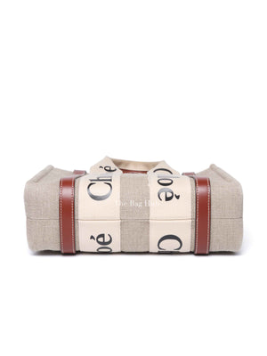 Chloe White/Brown Linen Canvas Small Woody Tote Bag