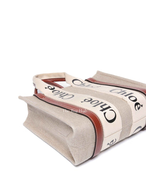 Chloe White/Brown Linen Canvas Small Woody Tote Bag
