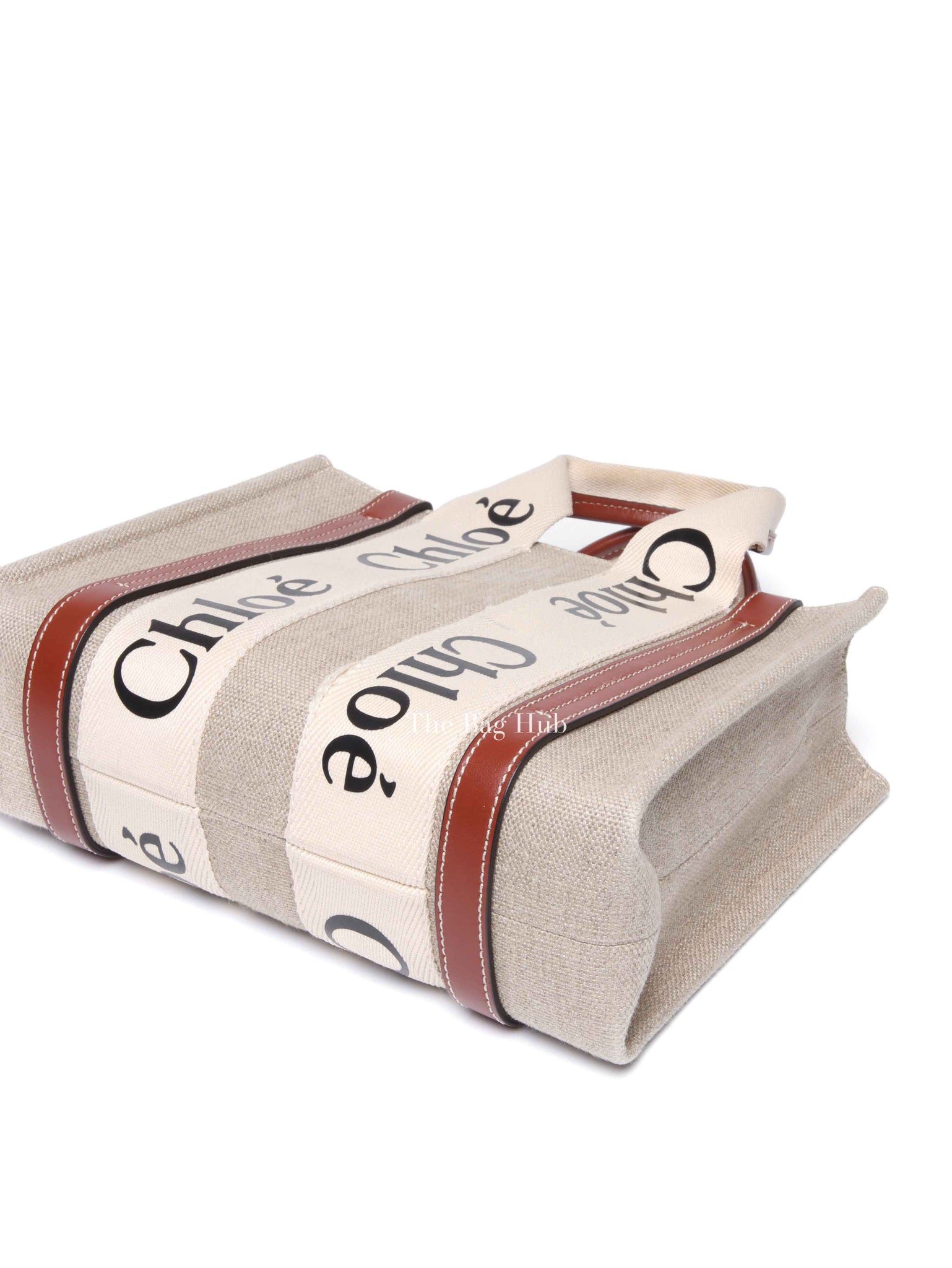 Chloe White/Brown Linen Canvas Small Woody Tote Bag