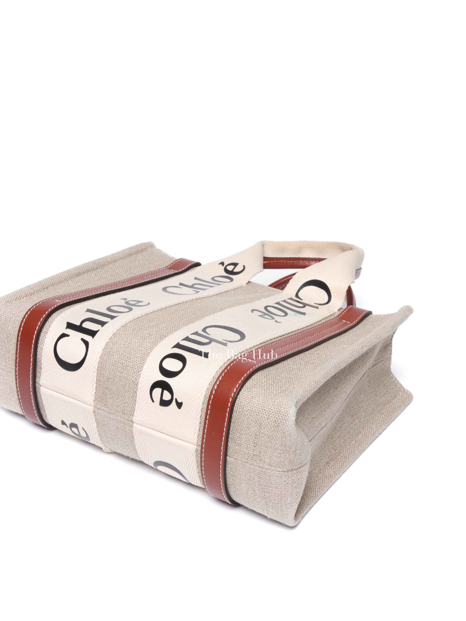 Chloe White/Brown Linen Canvas Small Woody Tote Bag