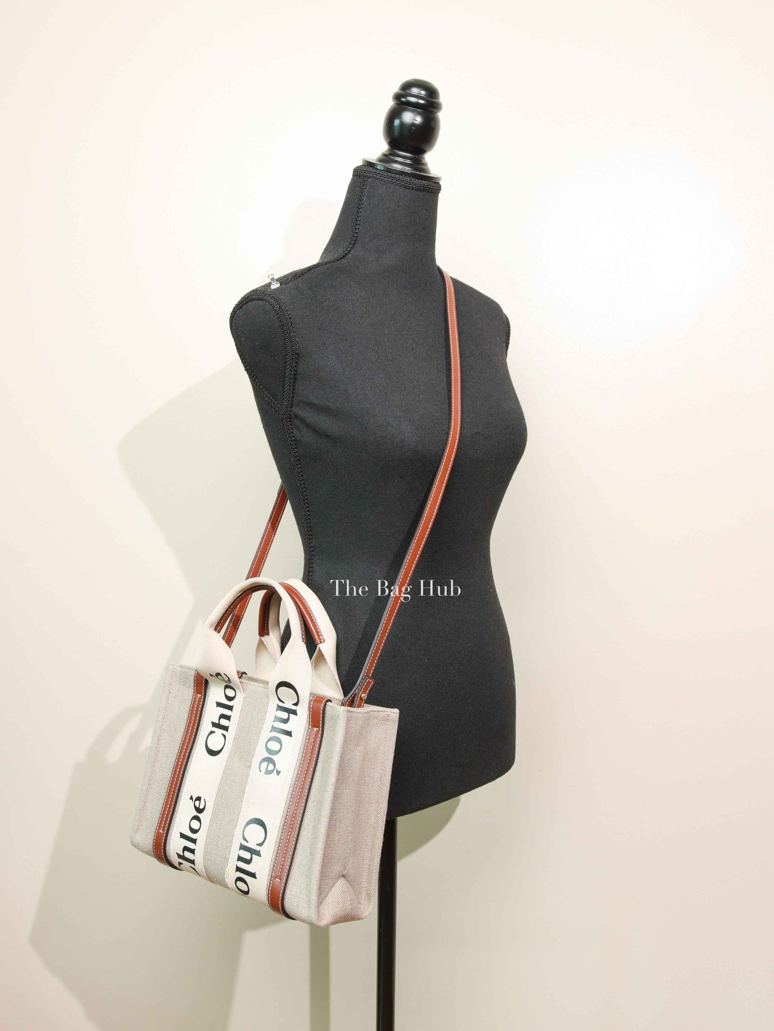 Chloe White/Brown Linen Canvas Small Woody Tote Bag