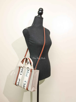 Chloe White/Brown Linen Canvas Small Woody Tote Bag
