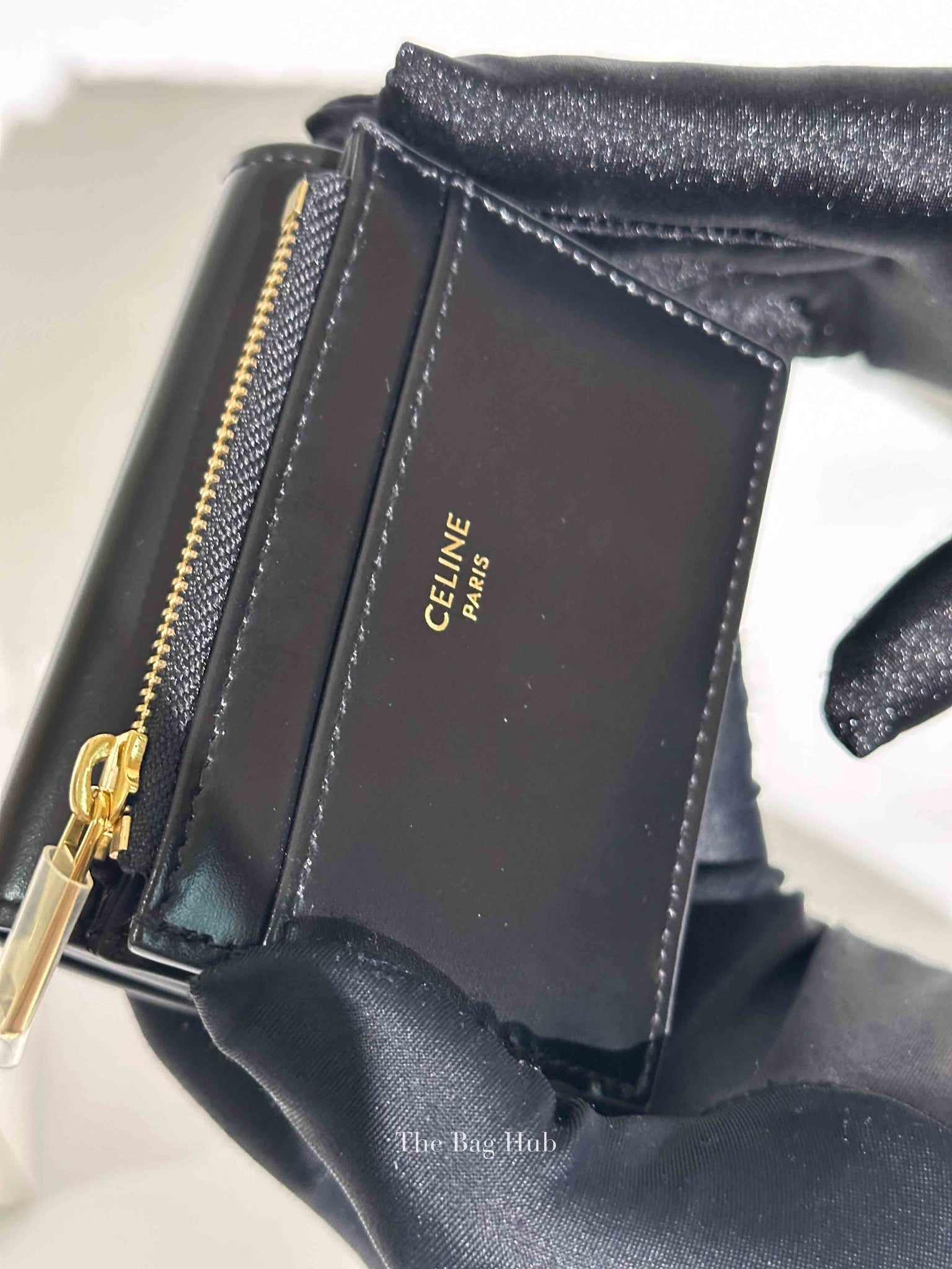 Celine Black Shiny Calfskin Triomphe Compact Wallet with Coin Purse