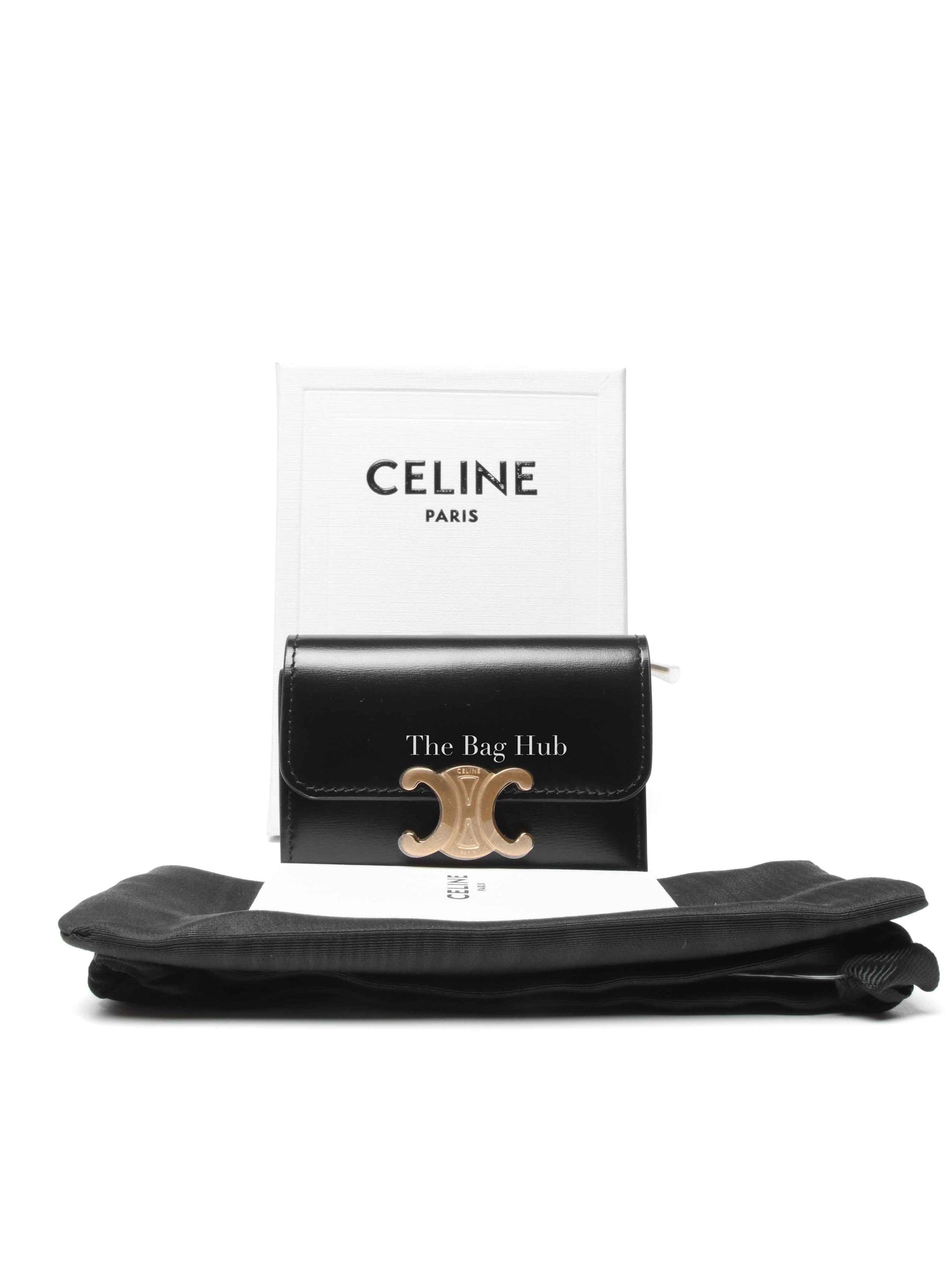 Celine Black Shiny Calfskin Triomphe Compact Wallet with Coin Purse