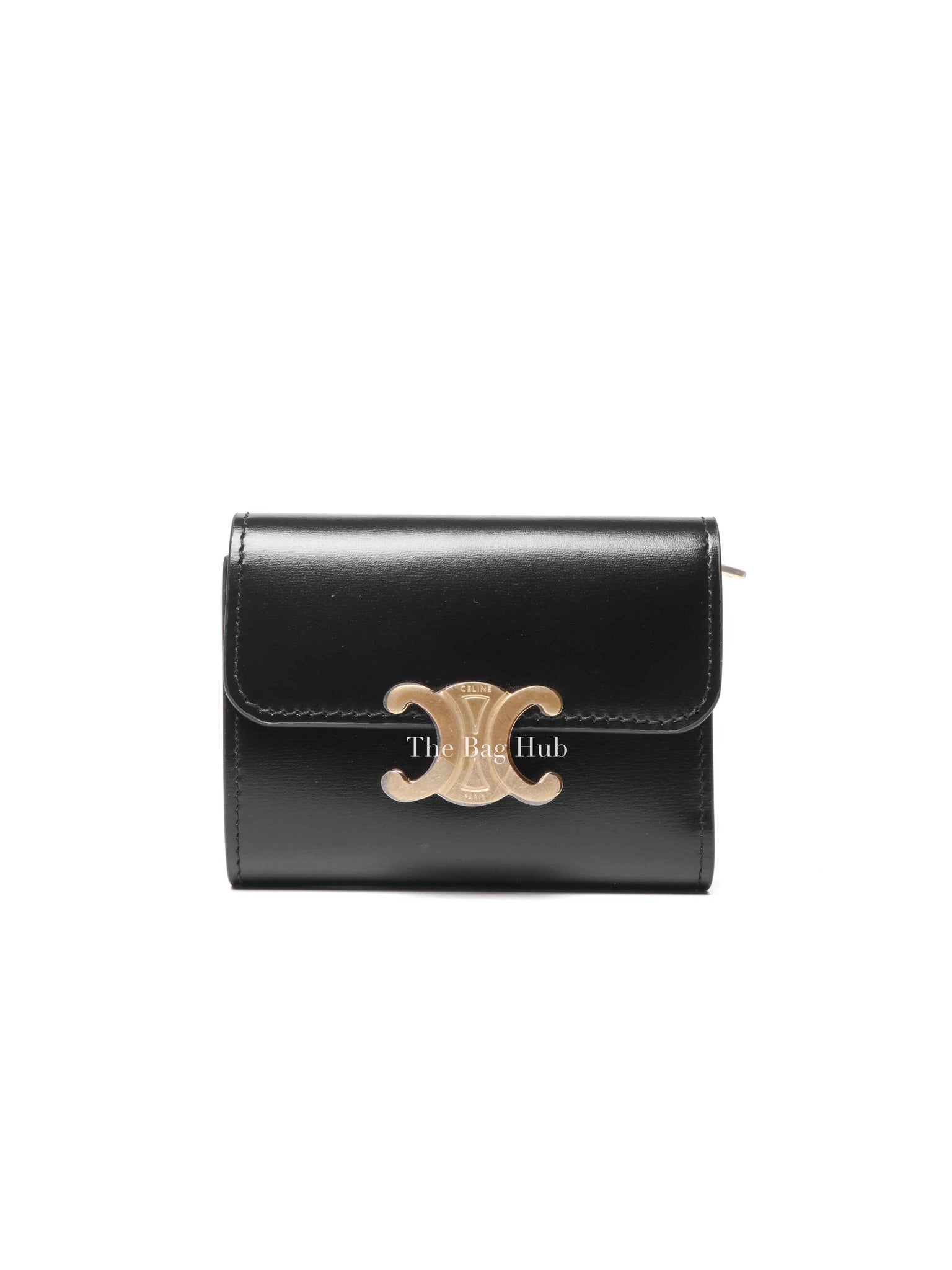 Celine Black Shiny Calfskin Triomphe Compact Wallet with Coin Purse