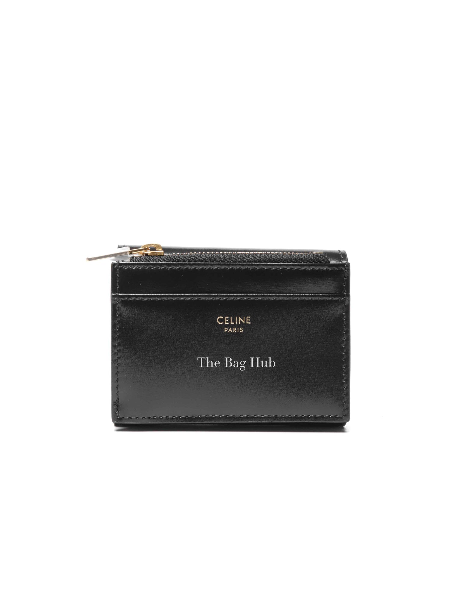 Celine Black Shiny Calfskin Triomphe Compact Wallet with Coin Purse