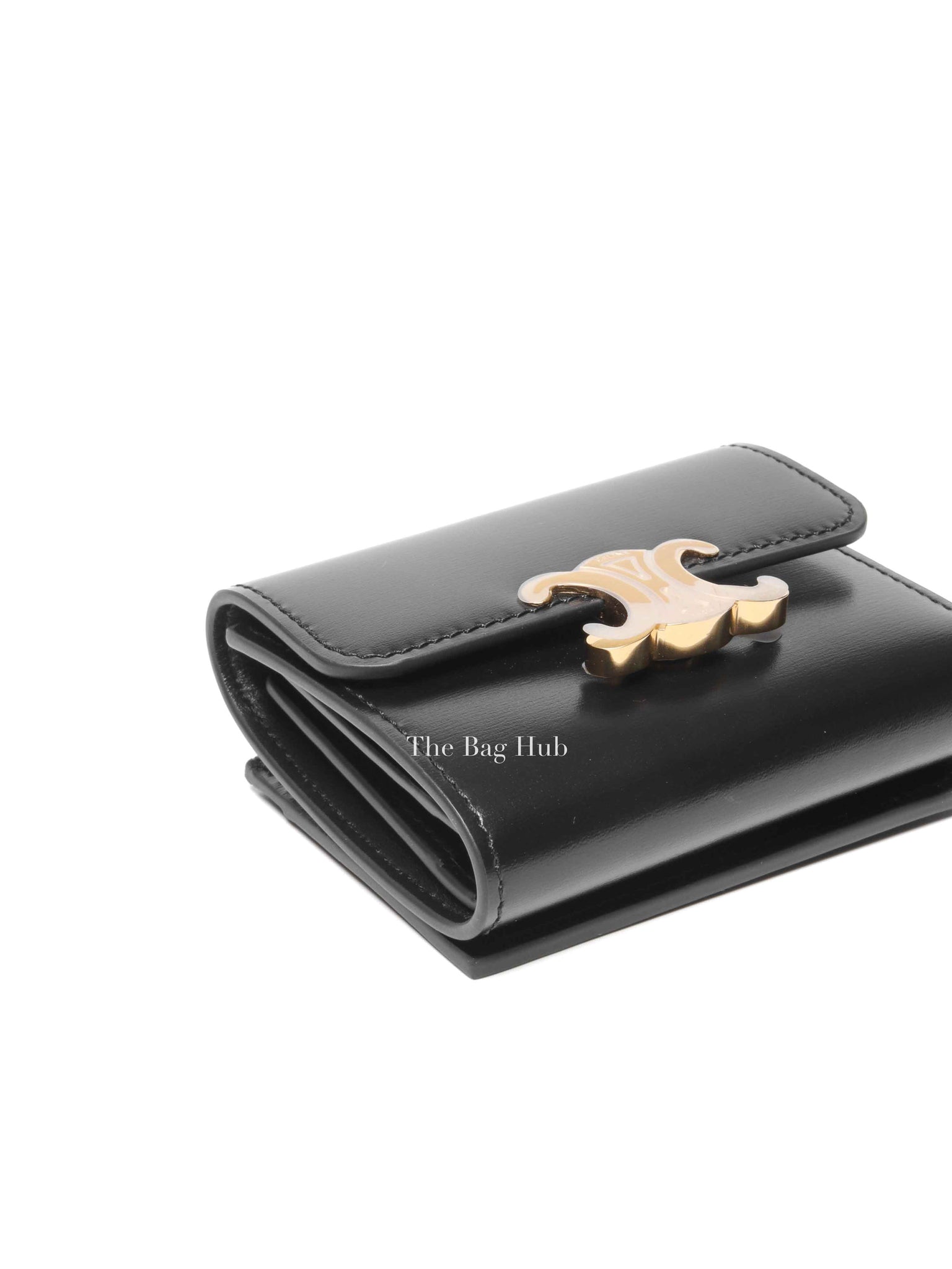 Celine Black Shiny Calfskin Triomphe Compact Wallet with Coin Purse