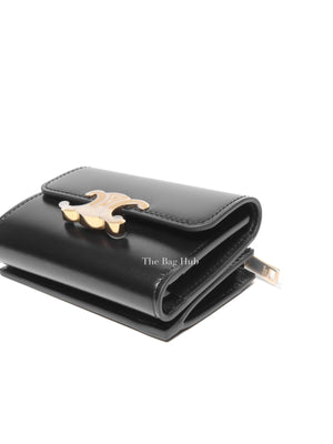 Celine Black Shiny Calfskin Triomphe Compact Wallet with Coin Purse