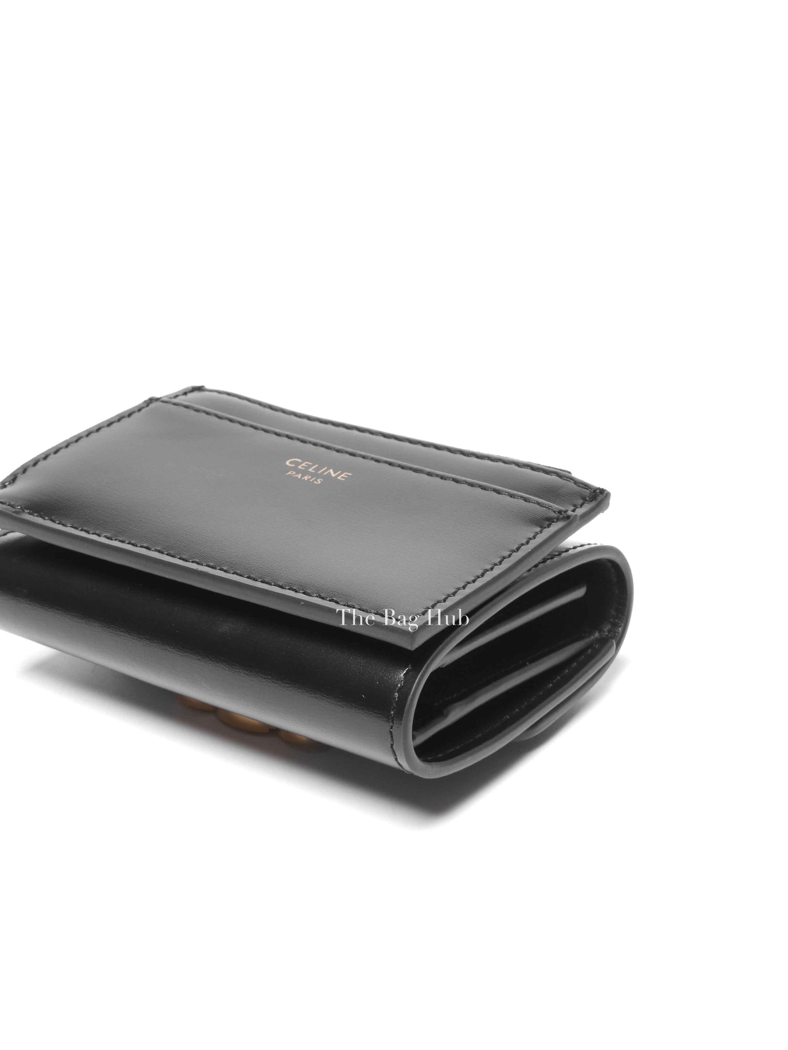 Celine Black Shiny Calfskin Triomphe Compact Wallet with Coin Purse