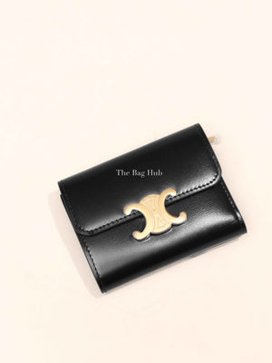 Celine Black Shiny Calfskin Triomphe Compact Wallet with Coin Purse