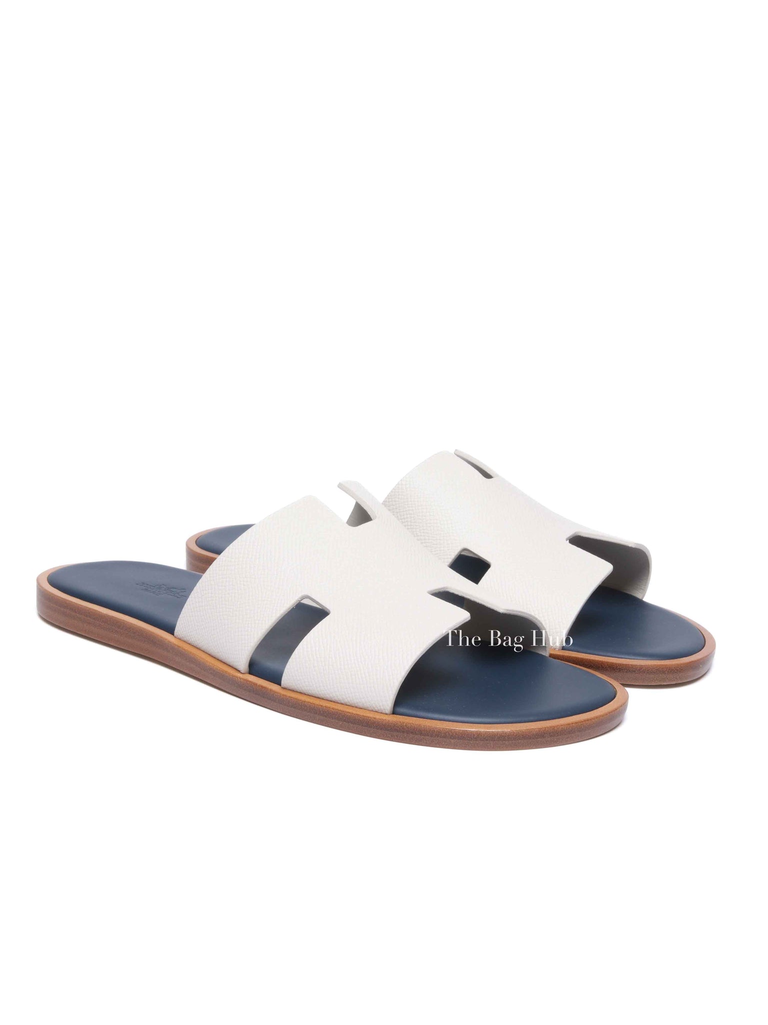 Hermes Blanc Gomme/Bleu Celeste Epsom Mens Izmir Sandals Size 42