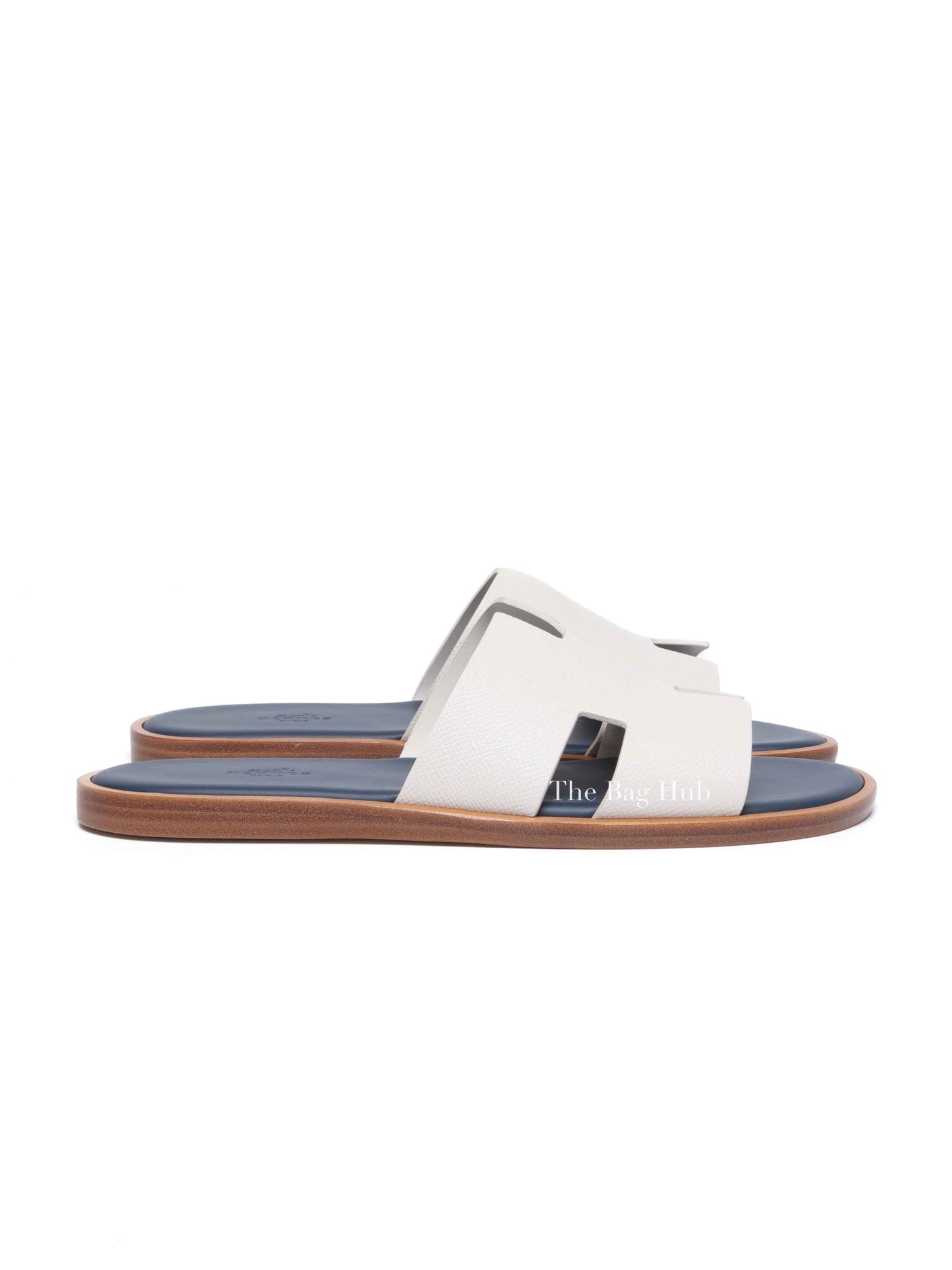 Hermes Blanc Gomme/Bleu Celeste Epsom Mens Izmir Sandals Size 42