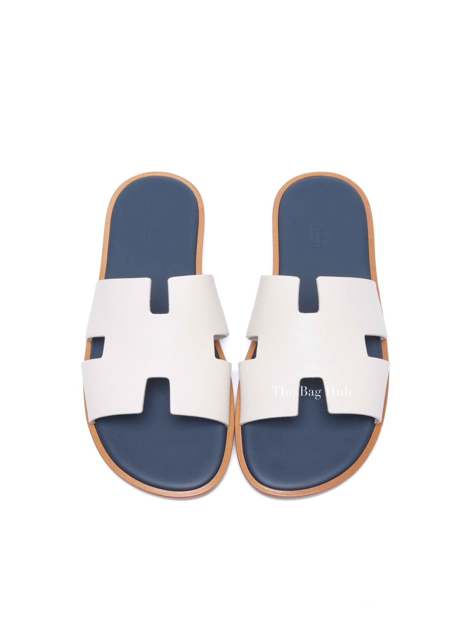 Hermes Blanc Gomme/Bleu Celeste Epsom Mens Izmir Sandals Size 42