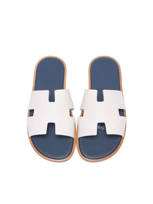 Hermes Blanc Gomme/Bleu Celeste Epsom Mens Izmir Sandals Size 42