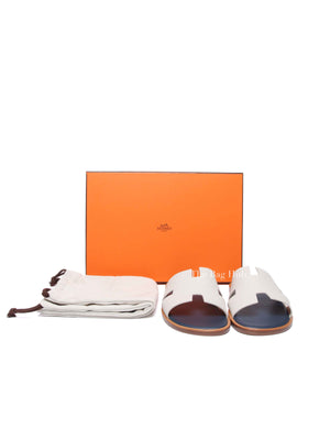 Hermes Blanc Gomme/Bleu Celeste Epsom Mens Izmir Sandals Size 42