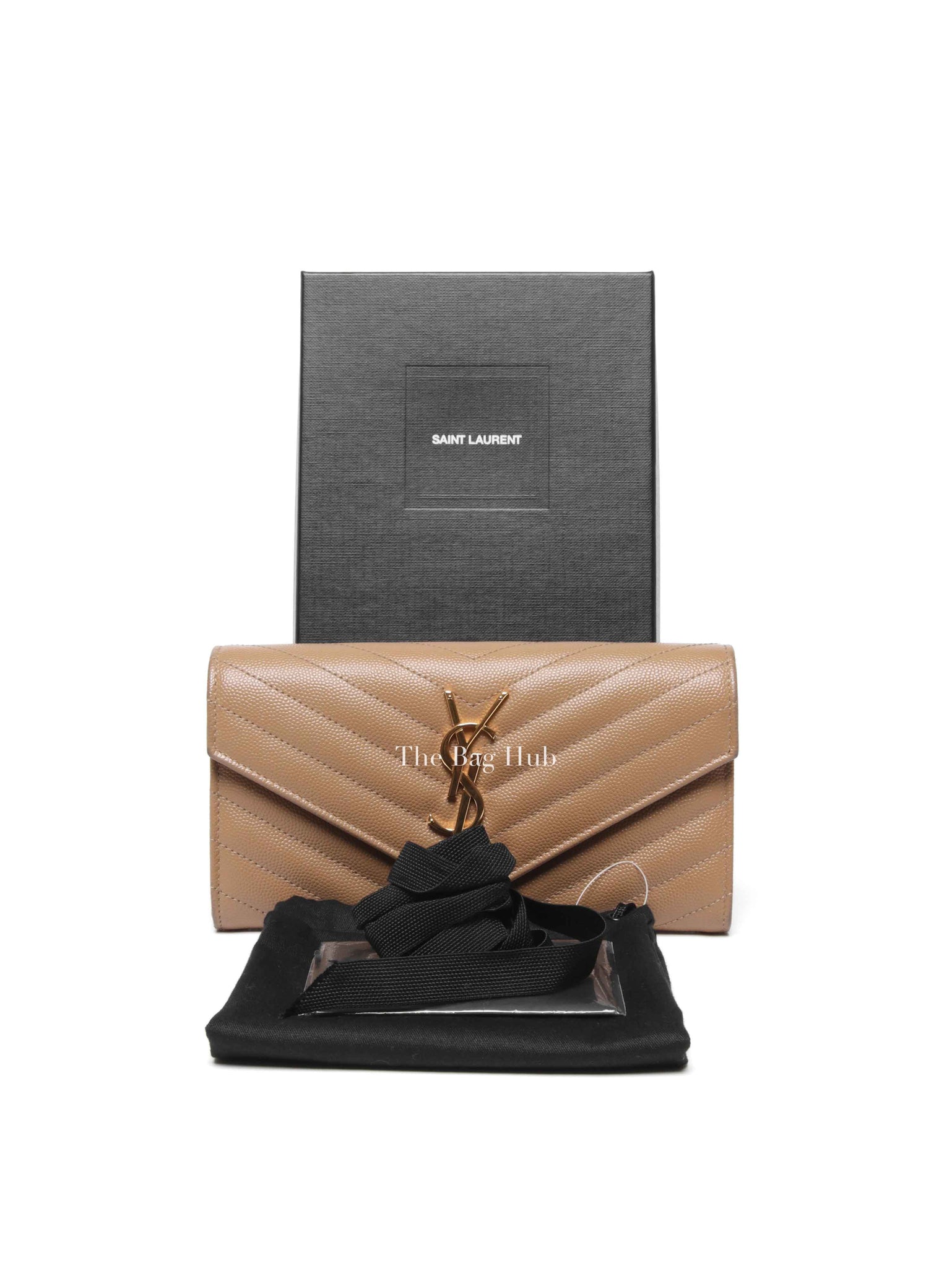 Saint Laurent Dark Beige Grain De Poudre Matelasse Chevron Monogram Flap Wallet