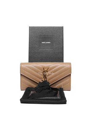 Saint Laurent Dark Beige Grain De Poudre Matelasse Chevron Monogram Flap Wallet