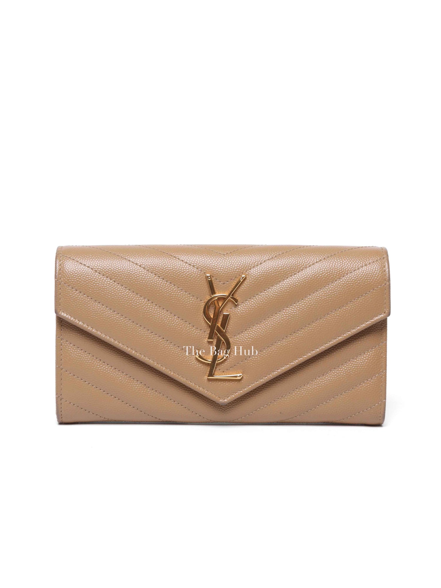 Saint Laurent Dark Beige Grain De Poudre Matelasse Chevron Monogram Flap Wallet