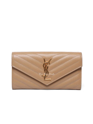 Saint Laurent Dark Beige Grain De Poudre Matelasse Chevron Monogram Flap Wallet