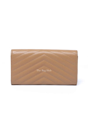 Saint Laurent Dark Beige Grain De Poudre Matelasse Chevron Monogram Flap Wallet