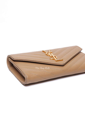 Saint Laurent Dark Beige Grain De Poudre Matelasse Chevron Monogram Flap Wallet