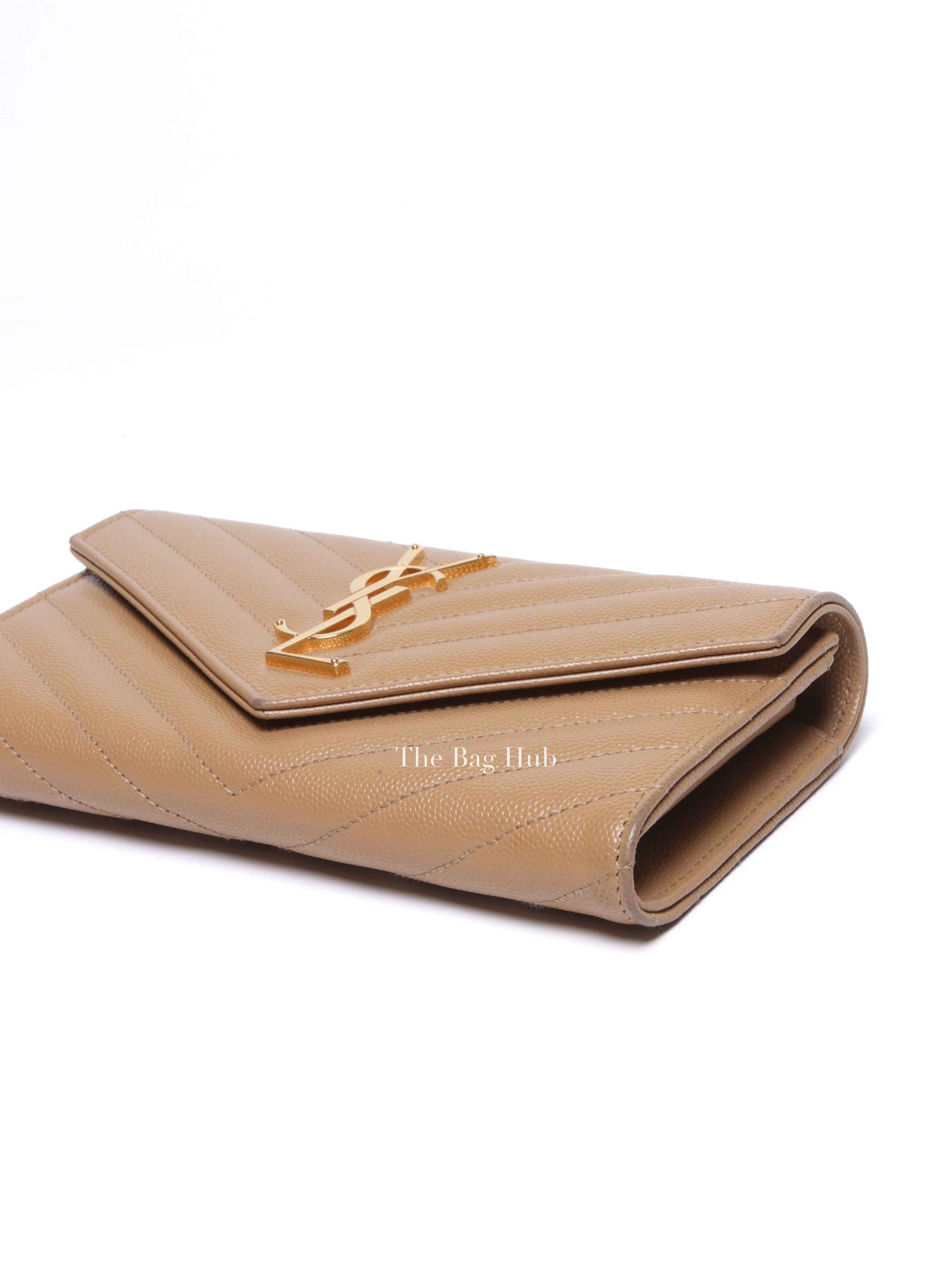 Saint Laurent Dark Beige Grain De Poudre Matelasse Chevron Monogram Flap Wallet