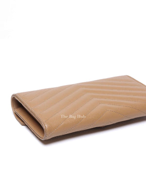 Saint Laurent Dark Beige Grain De Poudre Matelasse Chevron Monogram Flap Wallet