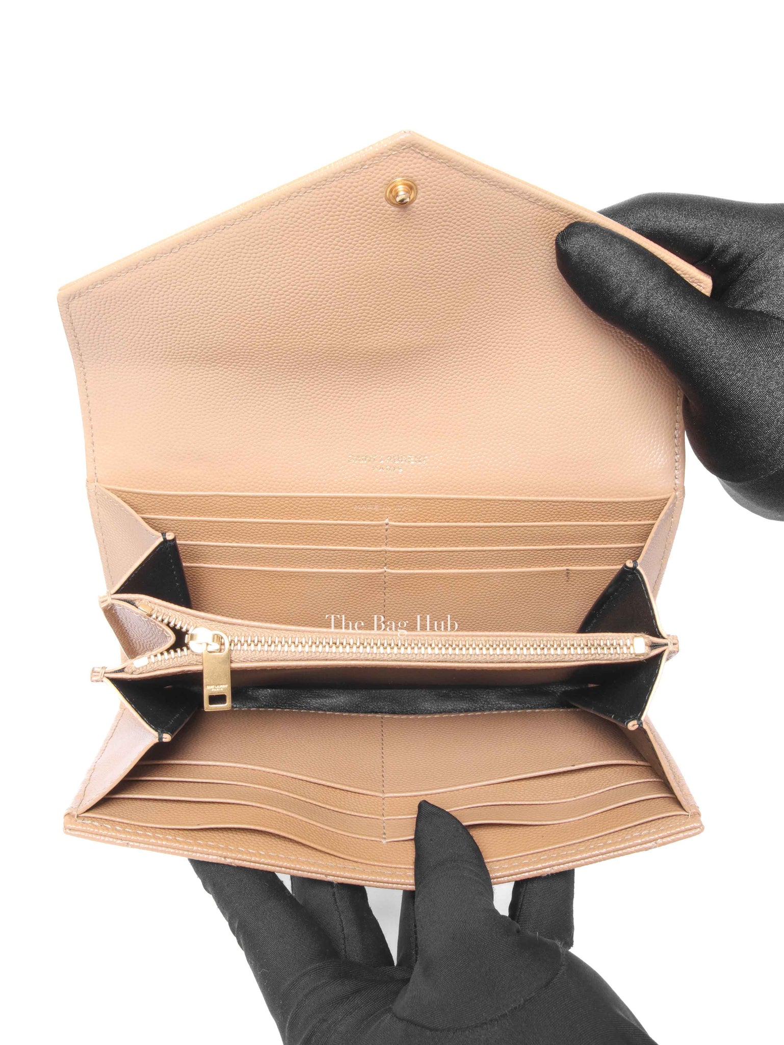 Saint Laurent Dark Beige Grain De Poudre Matelasse Chevron Monogram Flap Wallet