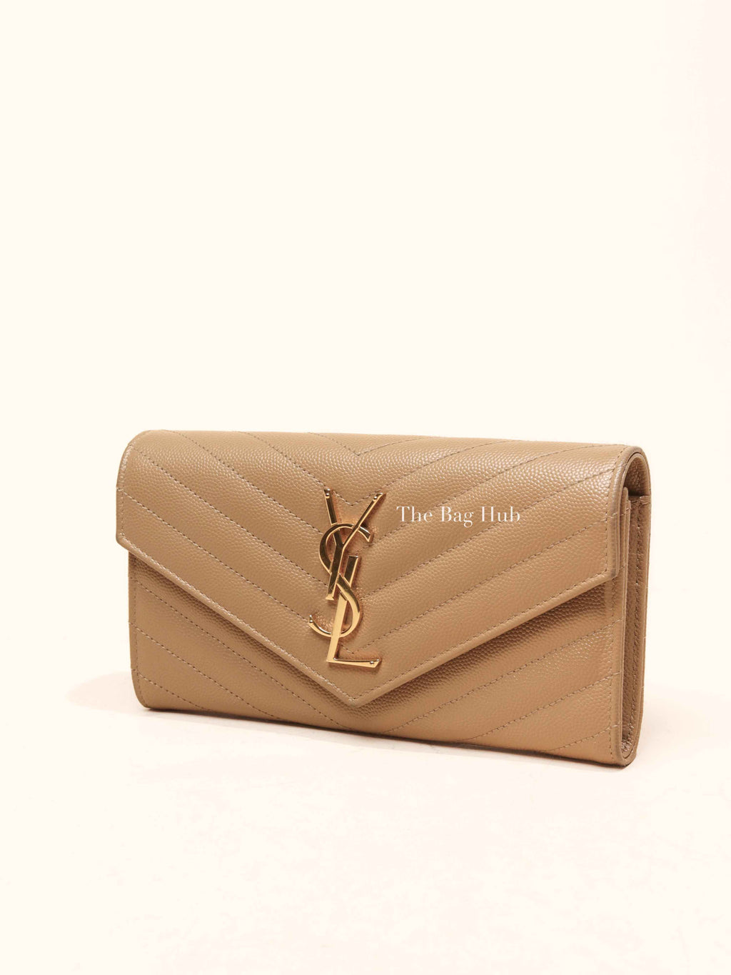 Saint Laurent Dark Beige Grain De Poudre Matelasse Chevron Monogram Flap Wallet