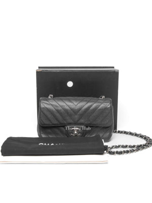 Chanel Black Caviar Chevron Rectangular Mini Flap Bag SHW
