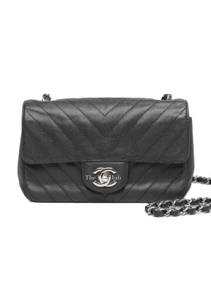 Chanel Black Caviar Chevron Rectangular Mini Flap Bag SHW