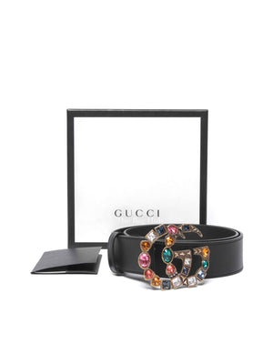 Gucci Black Calfskin Multicolor Crystal GG Belt 80/32